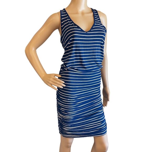 Athleta Striped Racerback Dress Size Small Navy Blue White Ruched Stretch Knit - Picture 5 of 12